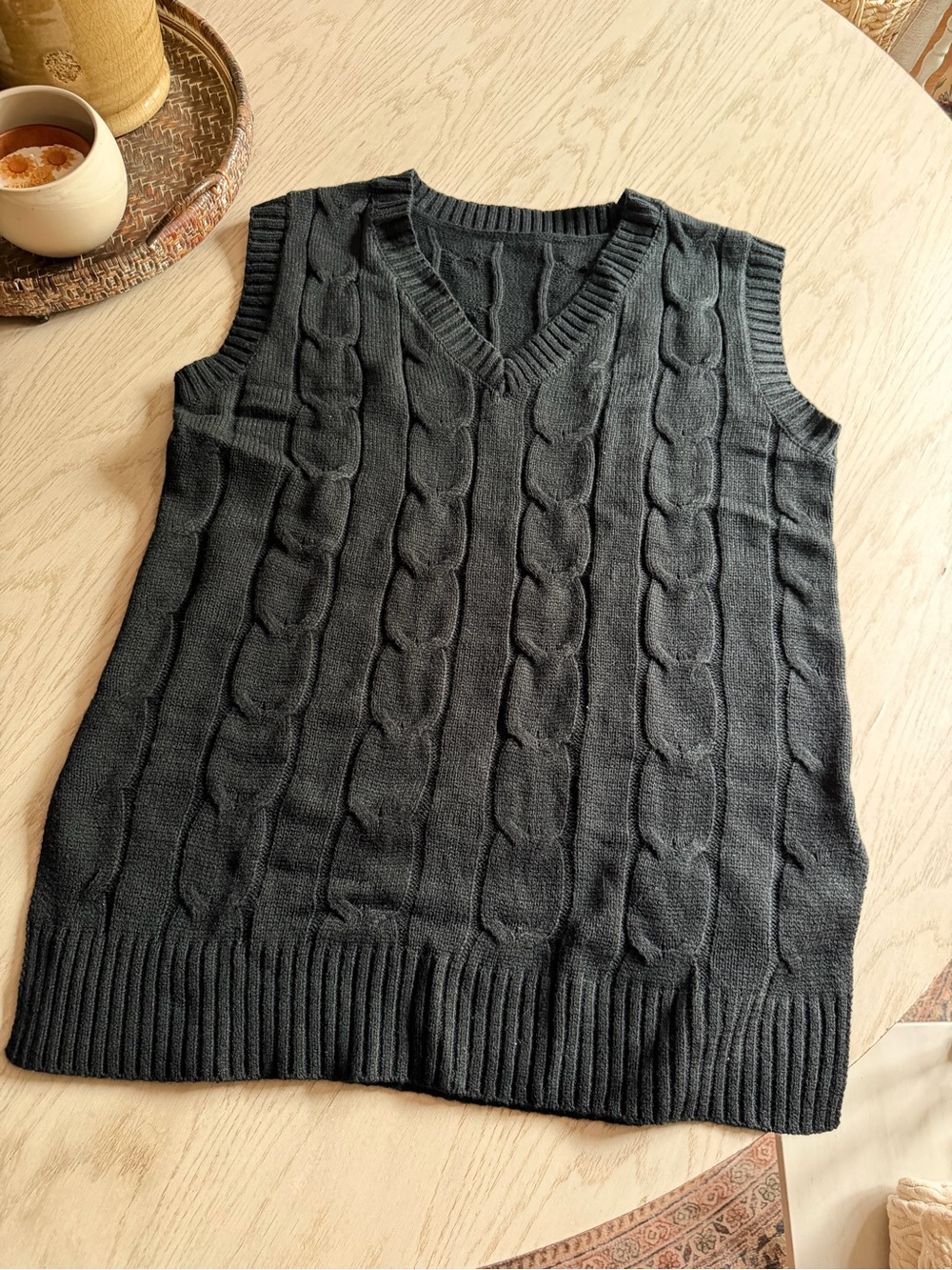 Cable Knit V-Neck Sweater Vest - Black